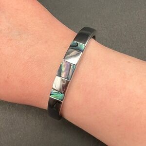 Abalone Shell Inlay Cuff Bracelet Silver Tone Iridescent Mosaic Coastal Boho